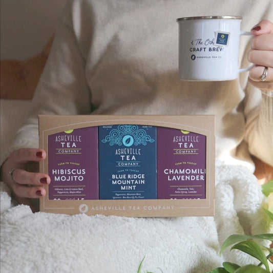 Person holding a box of Asheville Tea Company tea bags and a mug with a plant in the foreground.